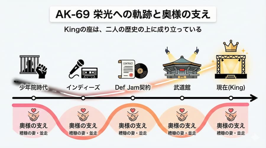 AK-69 栄光への軌跡と奥様の支え（タイムライン）の図解