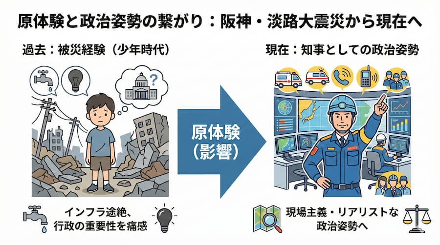 熊谷俊人の阪神淡路大震災の被災経験と政治姿勢の図解