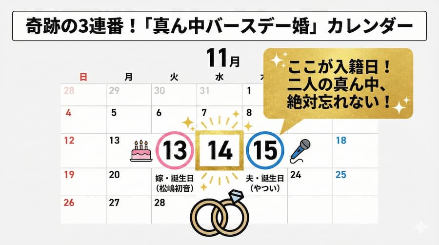 やついいちろう夫婦の真ん中バースデー婚というロマンチックな入籍の図解