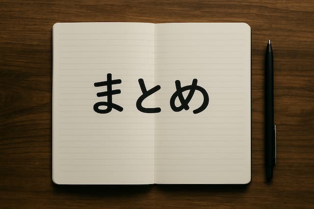 手帳に「まとめ」の文字とペン
