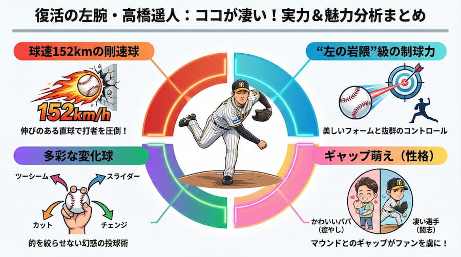 高橋遥人投手の「実力・魅力」レーダーチャートまたは要点まとめの図解